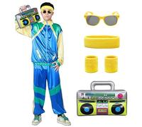 Harsever 80s Shell Suit Costume for Adult, 80s Retro Tracksuit for Men Women, 1980s Disco Fancy Dress with Headband Wristbands Glasses Inflatable Radio for Halloween Carnival Party (Blue, XXL)