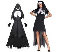 Harsever Horror Halloween Nun Costume,Adult Zombie Nun Fancy Dress Costume,Scary Gothic Dress with Gloves Cross Necklaces and Headdress Halloween Ladies Womens Outfit (M)