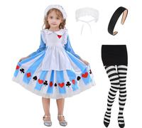 Harsever Kids Curious Girl Costume Blue & White Pinafore Dress Black Headband and Striped Tights Girls World Book Day Book Week Fancy Dress Costume (120)