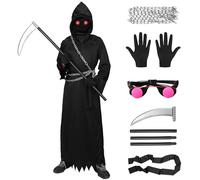 Harsever Kids Grim Reaper Costume Halloween Fancy Dress Costumes Boys Halloween Reaper Costume Set with Hood, Waist Chain, Scythe (Suit B, 135CM)
