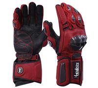 Harssidanzar Leather Motorcycle Gloves Men and Women,Powersports Carbon Fiber Knuckle Protection Motorbike Gloves KM045UK,Oxblood/Black,Size S