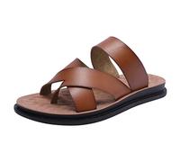 Harssidanzar Leather Sandals Flip flops Slip On Cross Straps Slide Sandals Toe Ring Style For Man KM221UK,Khaki,Size 8