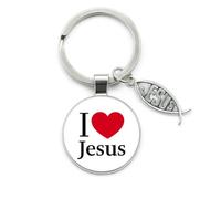 Harts I Love Jesus Christian Keychain, Pendant Design, Metal Construction with Fish Charm, 60mm, White or Black Options (White Jesus)