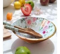 Hartsmede Handmade Mango Wood Salad Bowl Set 12" - Large Wooden Serving Bowl with Matching Spoons, Food-Safe Enamel Interior, Decorative Floral Fruit Bowl for Kitchen Dining Table (Floral)