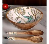 Hartsmede Handmade Mango Wood Serving Bowl Set 12" - Large Salad Pasta Fruit Bowl with Matching Spoons, Food-Safe Enamel Interior, Artisan Wooden Serving Bowl for Dining Table, Kitchen or Gift