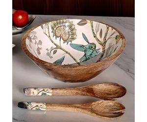 Hartsmede Handmade Mango Wood Serving Bowl Set 12" - Large Salad Pasta Fruit Bowl with Matching Spoons, Food-Safe Enamel Interior, Artisan Wooden Serving Bowl for Dining Table, Kitchen or Gift