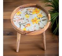 Hartsmede Handmade Side Table Solid Mango Wood Detachable Legs Vintage Bouquet Sage Green & Yellow Vibrant Print in Bright Green Hartsmede Bright Green