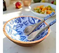 Hartsmede Handmade Wooden Salad Bowl 12" with Spoons - Large Mango Wood Fruit Bowl - Rustic Eco-Friendly Serving Bowl - Sustainable Gift for Home or Wedding (Ocean, Large 12")