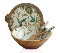 Hartsmede Handmade Wooden Salad Bowl with Lid & Spoons - 12" Large Mango Wood Covered Serving Bowl - Rustic Eco-Friendly Fruit Bowl - Sustainable Gift for Kitchen or Wedding (Humming Bird)