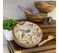 Hartsmede Mango Wood Portion Bowl Set of 2 with Spoons - 7" Handmade Breakfast Bowls with Food-Safe Enamel Interior, Hummingbird Design Small Serving Bowls for Cereal, Soup, Salad or Fruit