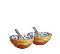 Hartsmede Mango Wood Portion Bowl Set with Spoons - Set of 2 Handmade Breakfast Bowls with Food-Safe Enamel Interior, Ocean Design Small Serving Bowls for Cereal, Soup, Salad or Fruit