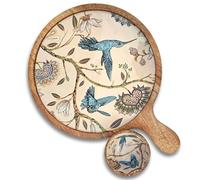Hartsmede Serving Paddle Tray with Bowl - 12" Handmade Mango Wood Charcuterie Board with Floral Enamel Pattern, Rustic Cheese Fruit Snack Serving Board for Parties or Housewarming Gift - Hummingbird