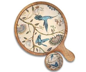 Hartsmede Serving Paddle Tray with Bowl - 12" Handmade Mango Wood Charcuterie Board with Floral Enamel Pattern, Rustic Cheese Fruit Snack Serving Board for Parties or Housewarming Gift - Hummingbird
