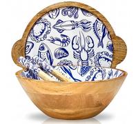 Hartsmede Wooden Salad Bowl 12" - Handmade Mango Wood Serving Set with Lid & Spoons, Food-Safe Enamel Interior, Large Covered Fruit or Salad Dish, Eco-Friendly Rustic Kitchen or Wedding Gift (Ocean)