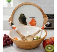 Hartsmede Wooden Salad Bowl with Lid & Spoons - 12" Handmade Mango Wood Covered Serving Bowl with Food-Safe Enamel Interior for Salad, Pasta or Fruit, Rustic Eco-Friendly Kitchen Gift (Genko)