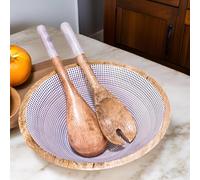 Hartsmede Wooden Salad Bowl with Spoons - 10" Handmade Mango Wood Serving Bowl with Enamel Interior for Salad, Pasta or Fruit, Rustic Eco-Friendly Kitchen Gift for Home (Geometric Blue)