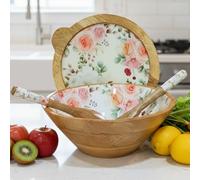 Hartsmede Wooden Salad Serving Set 12"-Handmade Mango Wood Serving Dish with Lid, Floral Enamel Interior, Rustic Eco-Friendly Fruit or Pasta Server for Kitchen Dining Entertaining (Floral)