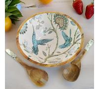 Hartsmede Wooden Salad Set 12" with Spoons - Handmade Mango Wood Serving Dish with Enamel Interior, Eco-Friendly Fruit & Salad Server for Pasta, Snacks & Kitchen Table Display (Hummingbird)