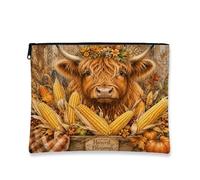 Harvest Blessings Makeup Bag, Rustic Vintage Cow Cosmetic Travel Pouch for Women, Portable Canvas Zipper Organizer, Fall Seasonal Toiletry Bag, Brown, 7x9 Inch, Blessings