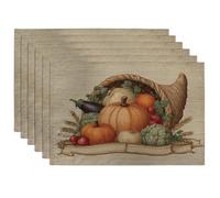 Harvest Cornucopia Placemats, Beige Autumn Decorative Table Mats for Thanksgiving, Non-Slip Washable Indoor Outdoor Dining Accessories Set of 6