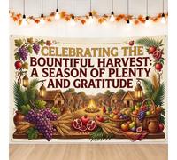 Harvest Gratitude Seasonal Theme Fruits Backdrop Banner 83x59 Inch | Rustic Village Scene, Photo Backdrop, Wheat Sheaves, Abundant Fruit Baskets, Decorative Typography, Warm Seasonal Atmosphere