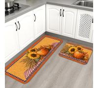 Harvest Kitchen Mats for Floor, Sunflower Pumpkin Vintage Rustic Soft Mats, Cushioned Comfort Washable Non Slip Decor Rugs for Kitchen Sinks Laundryroom Bathroom 2PCS