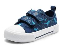 Harvest Land Kids Canvas Slip-On Trainers - Lightweight Breathable Hook & Loop School Shoes with Non-Slip Sole Blue Dinosaur UK1