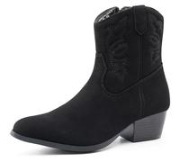 Harvest Land Women Mid Heel Faux Suede Boots - Cowboy Style Calf Length with Pointed Toe Embroidered Detail & Side Zip Black UK6