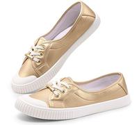 Harvest Land Womens Canvas Shoes Ladies Fashion Plimsolls Soft Trainers Low Top Slip on Sneaker Gold 7.5