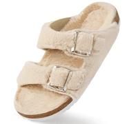 Harvest Land Womens Fluffy Slippers Buckle Flat Cork Footbed Plush Slider Faux Fur Lined Open Toe Indoor House Cozy Slide Sandals Apricot 8.5