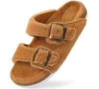 Harvest Land Womens Fluffy Slippers Buckle Flat Cork Footbed Plush Slider Faux Fur Lined Open Toe Indoor House Cozy Slide Sandals Camel 4.5