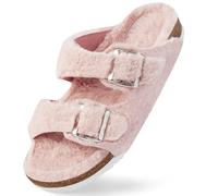 Harvest Land Womens Fluffy Slippers Buckle Flat Cork Footbed Plush Slider Faux Fur Lined Open Toe Indoor House Cozy Slide Sandals Pink 4.5