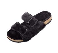 Harvest Land Womens Fluffy Slippers Buckle Flat Cork Footbed Plush Slider Faux Fur Lined Open Toe Indoor House Cozy Slide Sandals Black 8.5