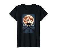 Harvest Moon Has a Cat Face Cat Walking Across Rooftop Value Graphic T-Shirt, Women, Black, XS