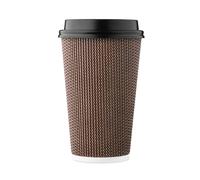 Harvest Pack Disposable Double Walled Hot Cups with Lids - No Sleeves Needed Insulated Ripple Wall Hot Coffee Tea Chocolate Drinks Perfect Travel to Go Paper Cup and Lid Brown Geometric 16oz