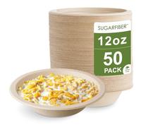 Harvest Pack Round Disposable Bowls - Natural Sugarcane Bagasse Bamboo Fibers Sturdy Twelve Compostable Eco Friendly Paper Bowl 12oz Bowls 50 Count