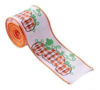 Harvest Themed Ribbon Featuring Pumpkin and Plaid Motifs, 6 3cm x 5 Yards Polyester Ribbon with Wire Edge for Seasonal Decorating (E)