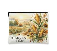 Harvest Time Makeup Bag, Vintage Rustic Corn and Sunflower Cosmetic Travel Pouch for Women, Portable Canvas Zipper Bag, Fall Skincare Toiletry Organizer, Yellow, 7x9 Inch, Harvest