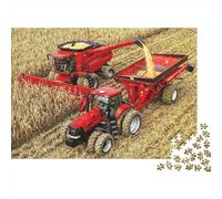 Harvesting Tractor Combo 1000 Piece Jigsaw Puzzle for Adults Red Farm Tractor Harvesting Golden Wheat Field Challenging Premium Thick Sturdy Vibrant Stress Relief 52x38cm/1000pcs