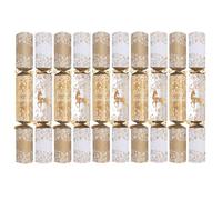 Harvey & Mason Pack of 10 Gold Foil Reindeer Merry Luxury Christmas Crackers - 14" Metallic Design Adults Xmas Holiday Dinner Table Decorations - Novelty Plastic Contains Hats Jokes