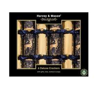 Harvey & Mason Pack of 6 Deluxe Navy Gold Reindeer Christmas Crackers - 13.5" Metallic Festive Xmas Holiday Dinner Table Decorations - Novelty Fun Prizes Gifts Contains Hats Jokes