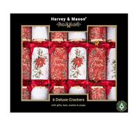 Harvey & Mason Pack of 6 Deluxe Red Gold White Christmas Crackers - 13.5" Metallic Festive Holly Foliage Xmas Holiday Dinner Table Decorations - Novelty Fun Prizes Gifts Contains Hats Jokes