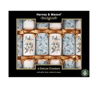 Harvey & Mason Pack of 6 Deluxe White Blue Gold Christmas Crackers - 13.5" Metallic Festive Xmas Holiday Dinner Table Decorations - Novelty Fun Prizes Gifts Contains Hats Jokes Duck Egg