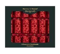 Harvey & Mason Pack of 6 Exquisite Flock Red Christmas Crackers - 13.5" Metallic Textured Festive Holly Foliage Xmas Holiday Dinner Table Decorations - Novelty Fun Prizes Gifts Contains Hats Jokes