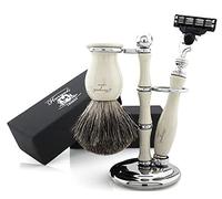 Haryali London, 3 Pcs Shaving Kit for Men, Tripple Edge Safety Razor Set with Pure Badger Hair Brush & Shaving Stand, Mens Grooming Kit Wet Shaving Gift Set - Off White