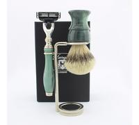 Haryali London, 3 Pcs Wet Shaving Set, 3 Edge Shaving Razor with Synthetic Silver Tip Shaving Brush & Shaving Stand - Luxury Men’s Grooming Kit for Wet Shave - Limited Edition Green Color