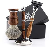 Haryali London, 3 Pcs Wooden Shaving Kit for Men - Tripple Edge Safety Razor Set with Pure Badger Hair Brush & Shaving Stand - Mens Grooming Kit Wet Shaving Gift Set.