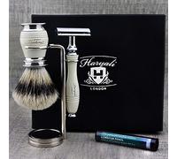 Haryali London, 3Pcs Double Edge Shaving Kit for Men | Double Edge Razor, Silvertip Badger Shaving Brush & Stand Set, Stainless Steel Shaving Stand | Luxury Off-White Manual Shaving Kit