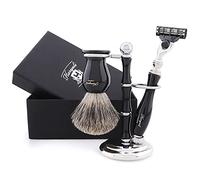 Haryali London, 3pcs Men’s Wet Shaving Set - Badger Hair Shaving Brush, 3 Edge Razor & Elegant Dual Stand - Grooming Gift Set for a Close, Comfortable Shave - Black
