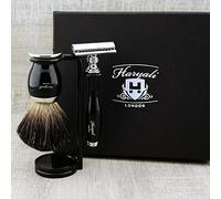Haryali London, 3Pcs Shaving Kit for Men - DE Razor with Double Edge Razor, Black Badger Brush, Shaving Stand - Luxury Grooming Wet Shaving Kit for Men Traditional Shaving